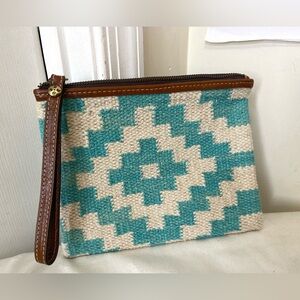 Patricia Nash Teal and Cream Woven Aztec Clutch like new